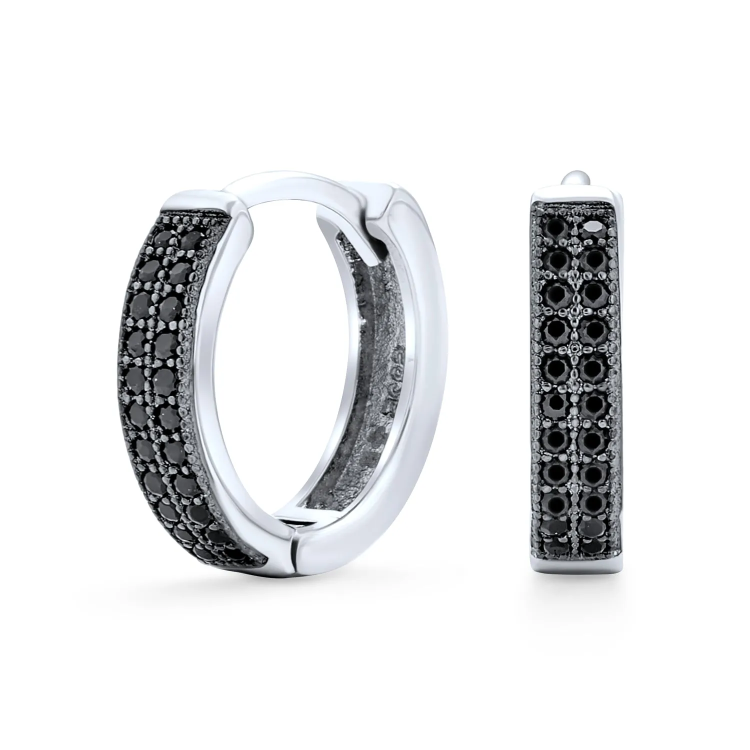 Black Cubic Zirconia Huggie Hoop Earrings .925 Sterling Silver