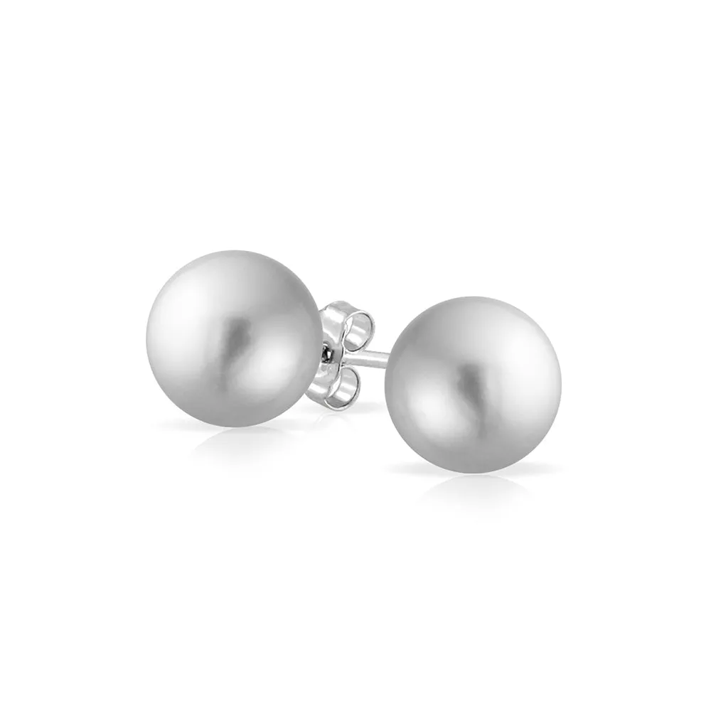 Black Grey White Pink Pearl Stud Ball Earrings .925 Sterling Silver 8-12MM