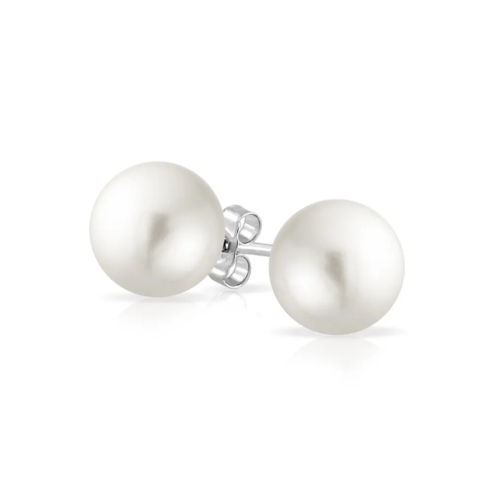 Black Grey White Pink Pearl Stud Ball Earrings .925 Sterling Silver 8-12MM