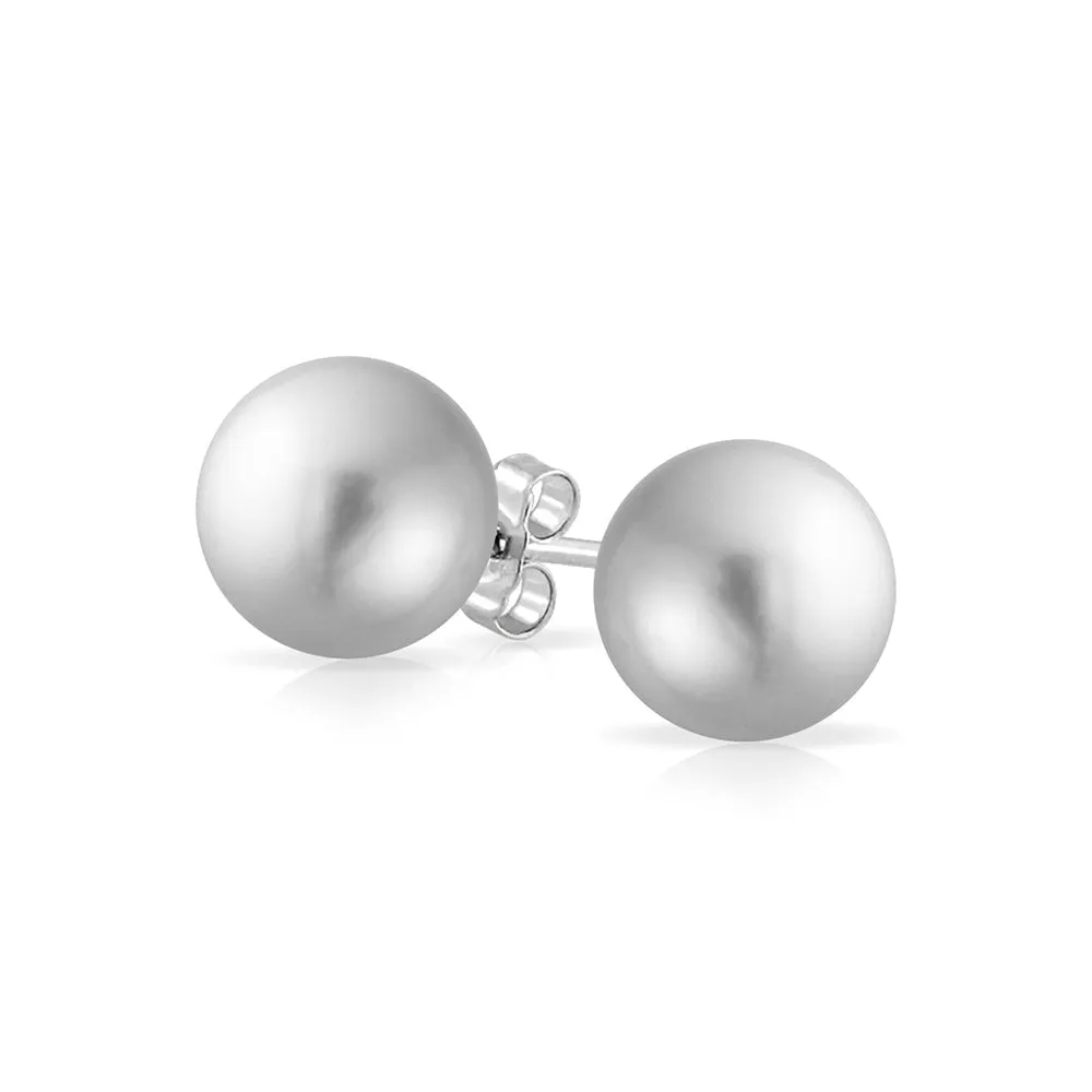 Black Grey White Pink Pearl Stud Ball Earrings .925 Sterling Silver 8-12MM