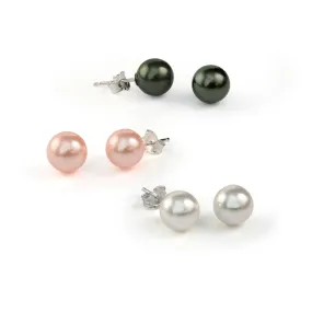 Black Grey White Pink Pearl Stud Ball Earrings .925 Sterling Silver 8-12MM