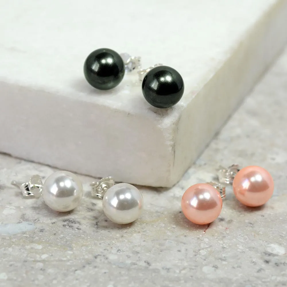 Black Grey White Pink Pearl Stud Ball Earrings .925 Sterling Silver 8-12MM