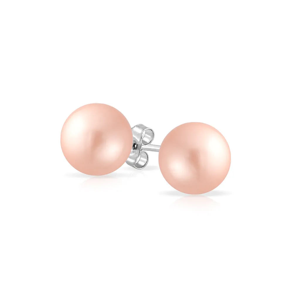 Black Grey White Pink Pearl Stud Ball Earrings .925 Sterling Silver 8-12MM