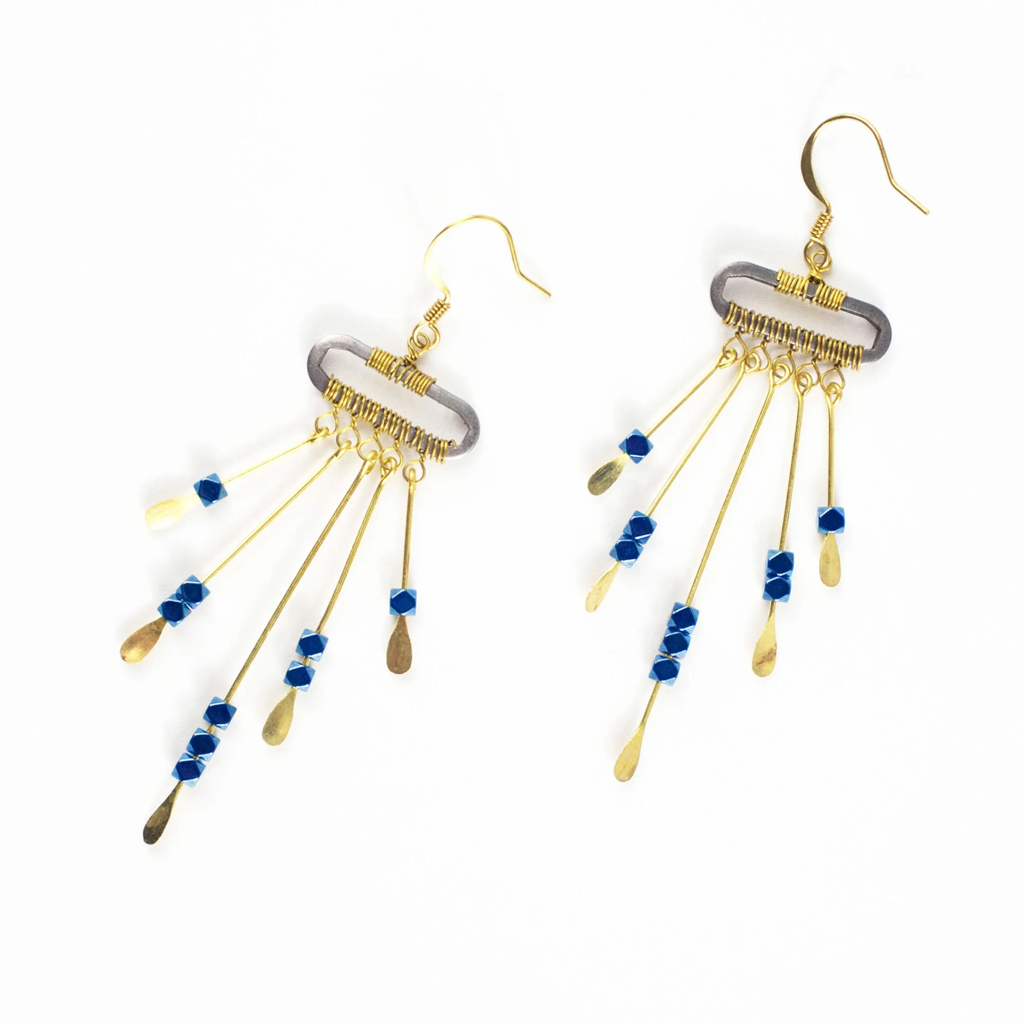 Blue Beads Bar Brass Earrings