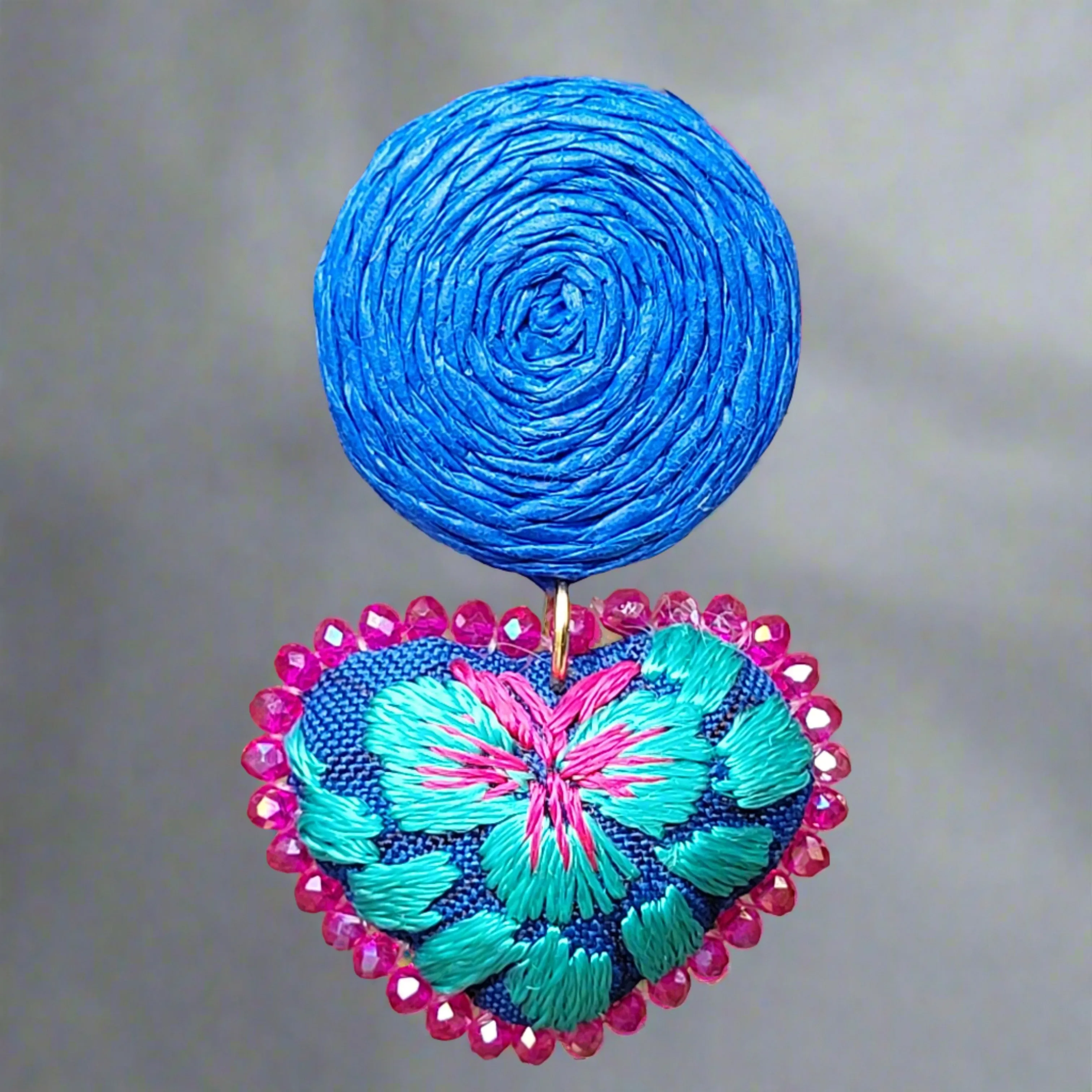 Blue heart/mint embroidery earrings