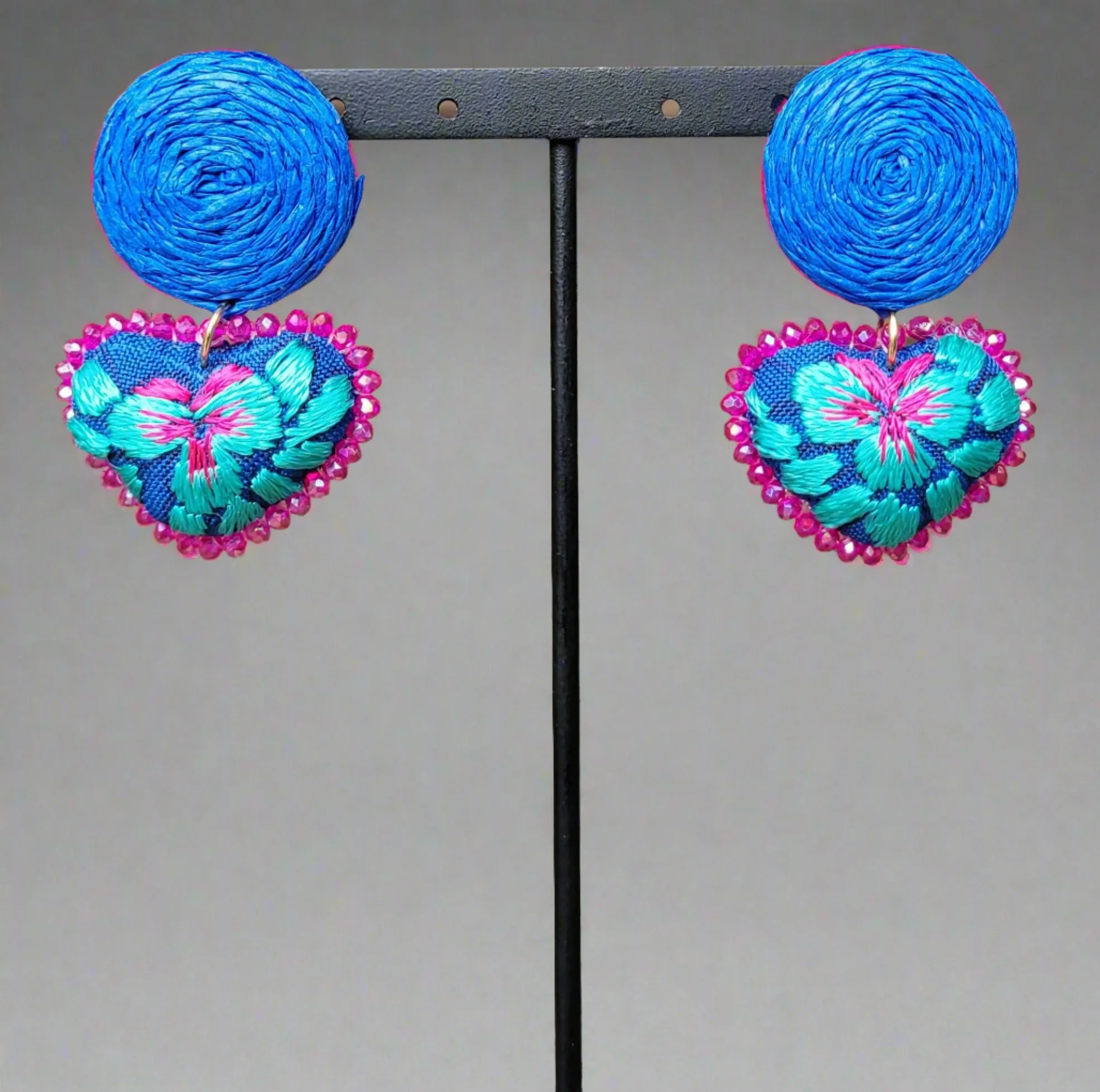 Blue heart/mint embroidery earrings