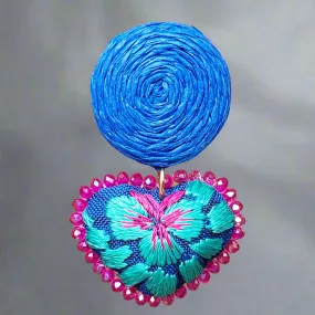 Blue heart/mint embroidery earrings