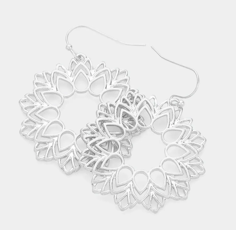 Brushed Metal Filigree Geometric Flower Dangle Earrings (2 Colors)