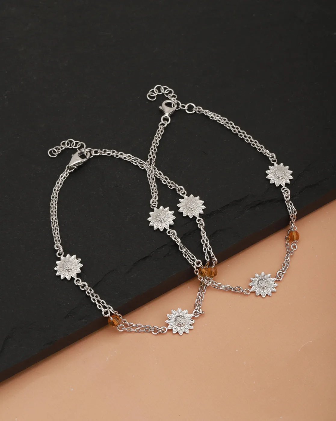 Carlton London -Set Of 2 Rhodium-Plated Silver Toned Yellow Beaded Floral-Shape Anklets For Women