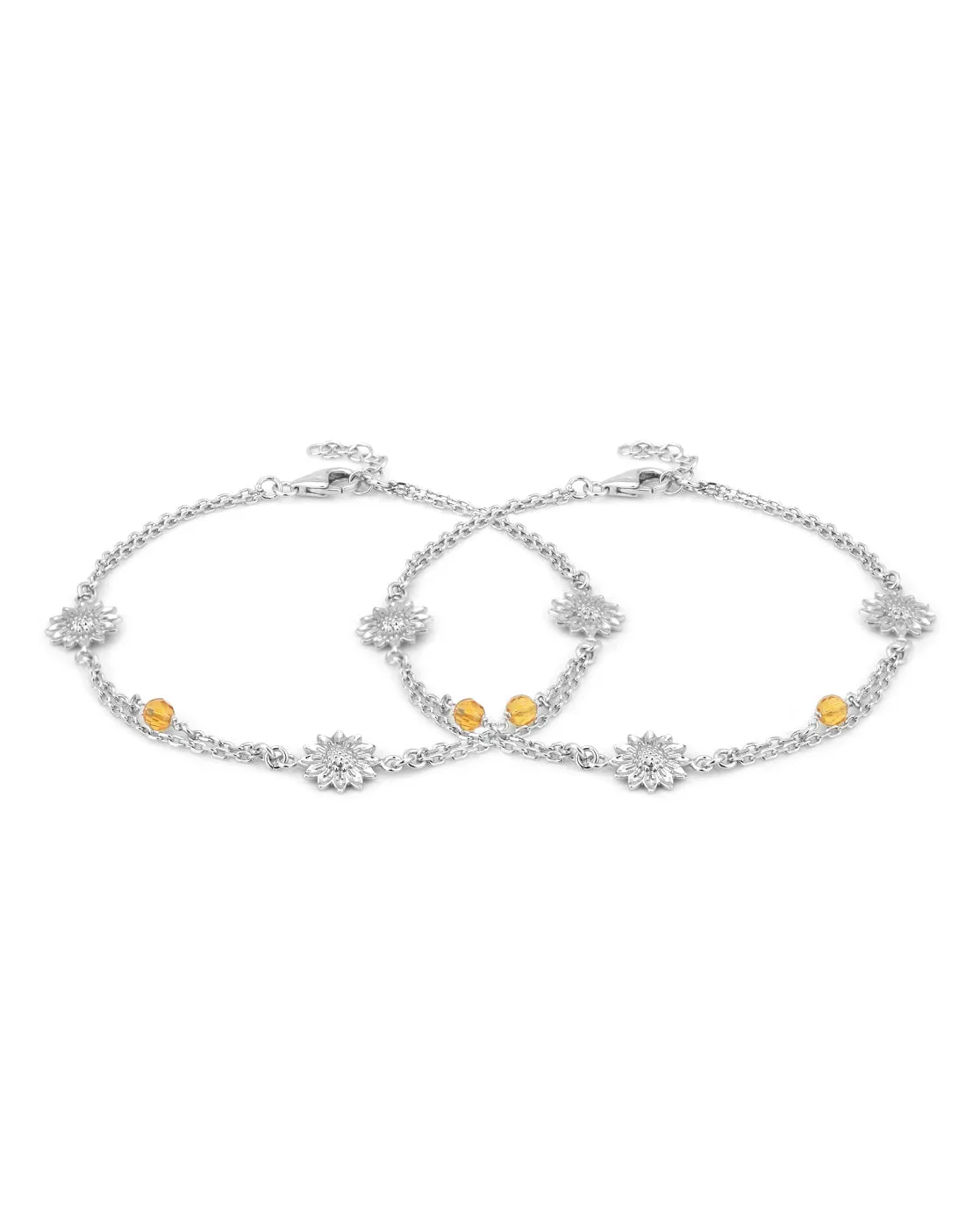 Carlton London -Set Of 2 Rhodium-Plated Silver Toned Yellow Beaded Floral-Shape Anklets For Women