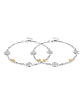 Carlton London -Set Of 2 Rhodium-Plated Silver Toned Yellow Beaded Floral-Shape Anklets For Women