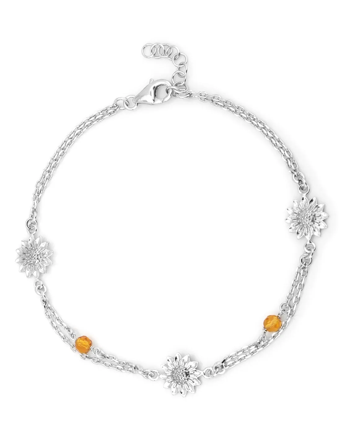 Carlton London -Set Of 2 Rhodium-Plated Silver Toned Yellow Beaded Floral-Shape Anklets For Women