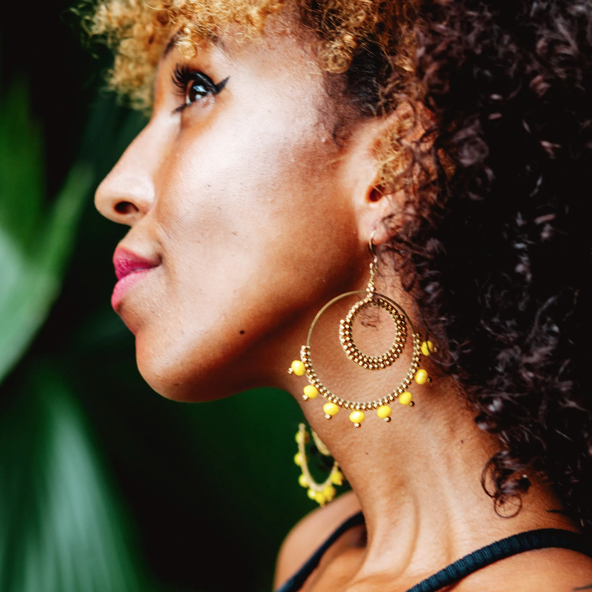 Circle Yellow Beads Brass Earrings