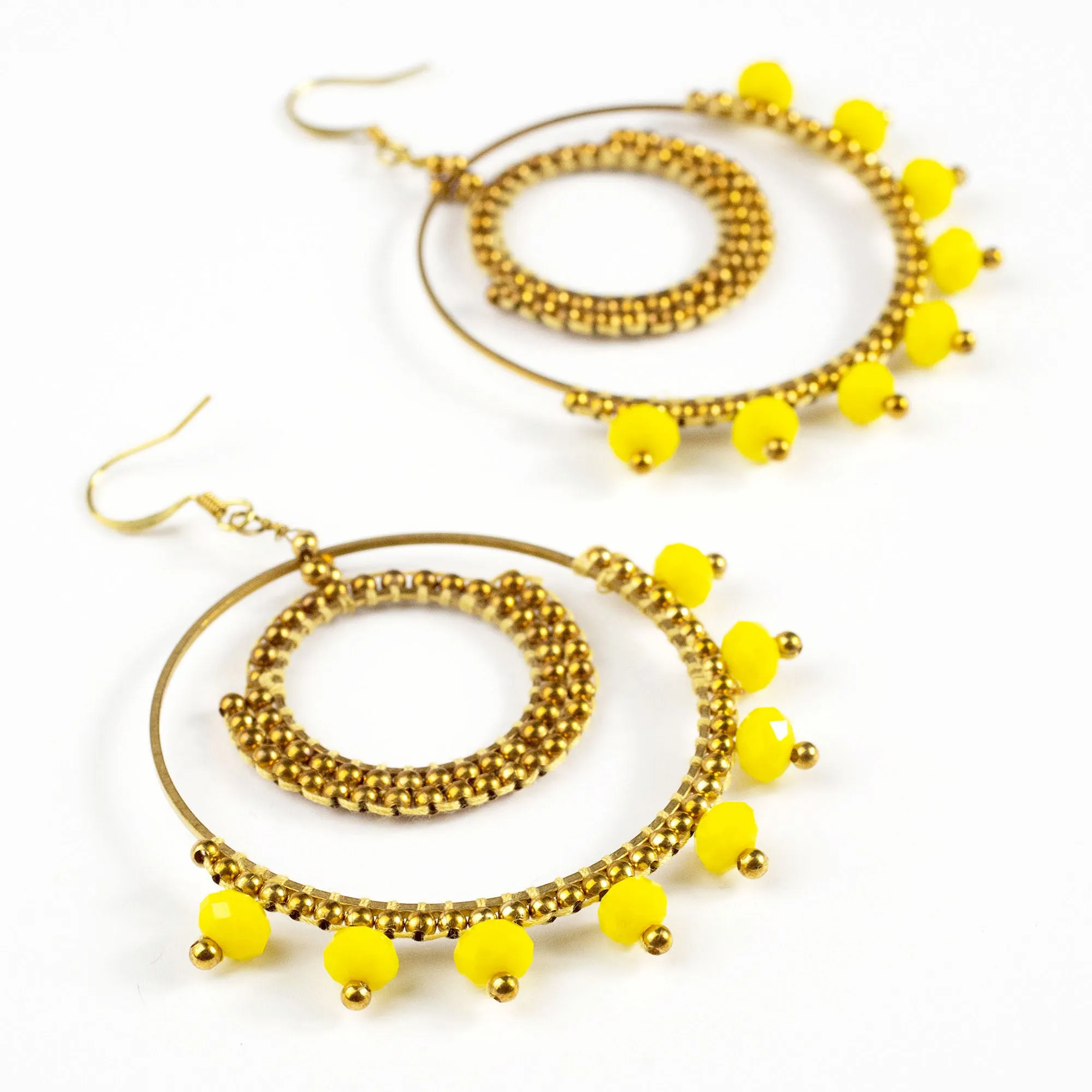 Circle Yellow Beads Brass Earrings