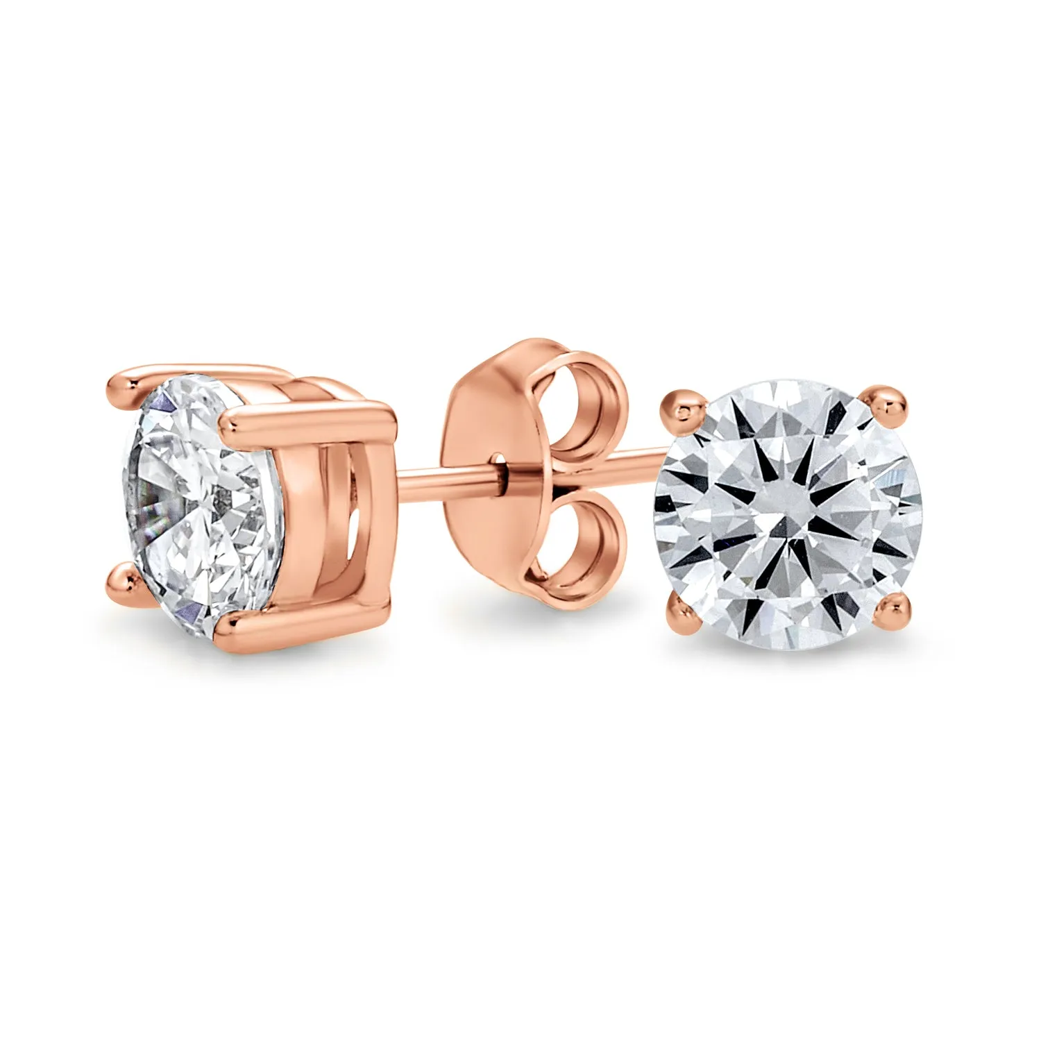 Classic CZ Solitaire Stud Earrings Sterling Silver Rose Yellow Gold Plated 5-10MM