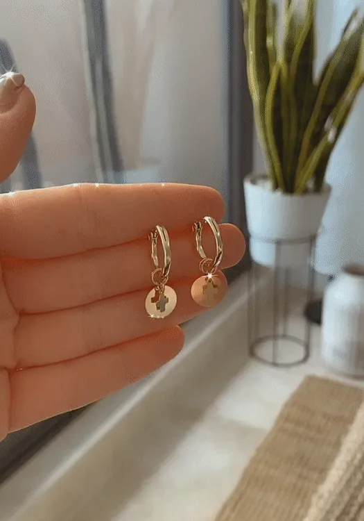 Cross Coin Thick Hoop Earrings  - 14k Yellow Gold Fill