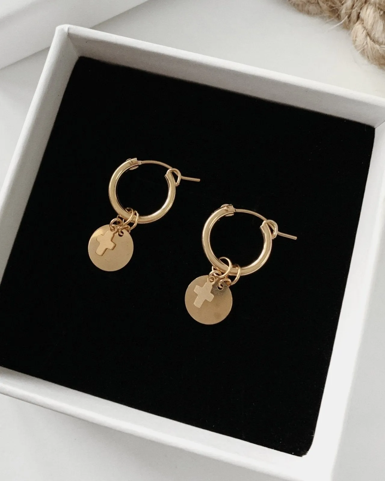 Cross Coin Thick Hoop Earrings  - 14k Yellow Gold Fill