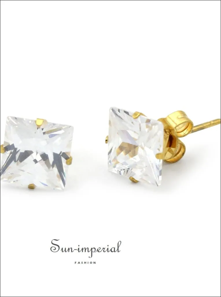 Cubic Zirconia Square 14k Gold Filled Stud Earrings Stainless Steel Ear Piercing Jewelry Men Women