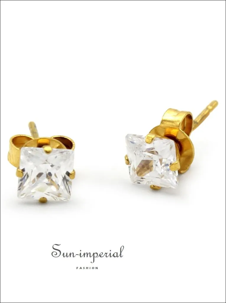 Cubic Zirconia Square 14k Gold Filled Stud Earrings Stainless Steel Ear Piercing Jewelry Men Women