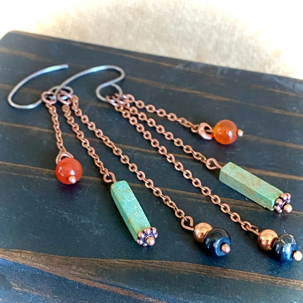 Dangly Earrings w/Vintage Turquoise Tube Beads, Carnelian, Copper