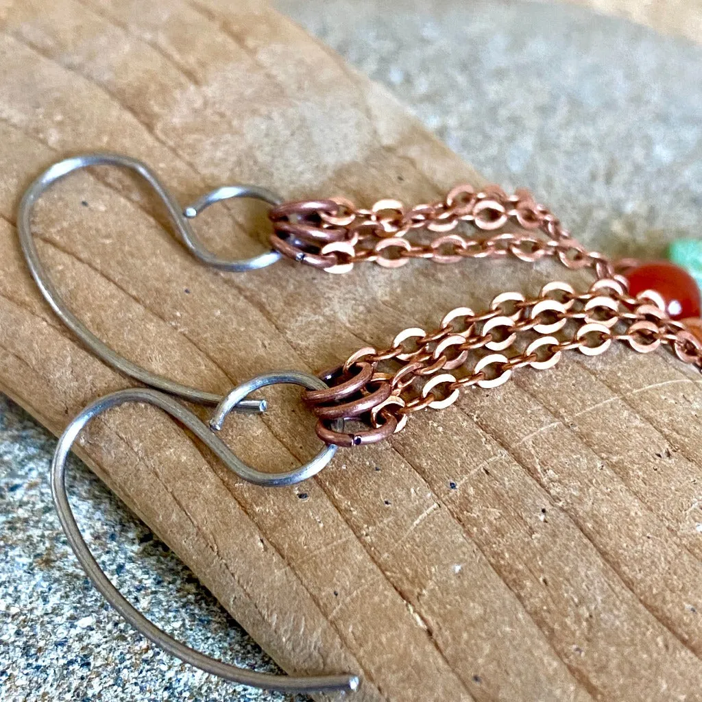 Dangly Earrings w/Vintage Turquoise Tube Beads, Carnelian, Copper