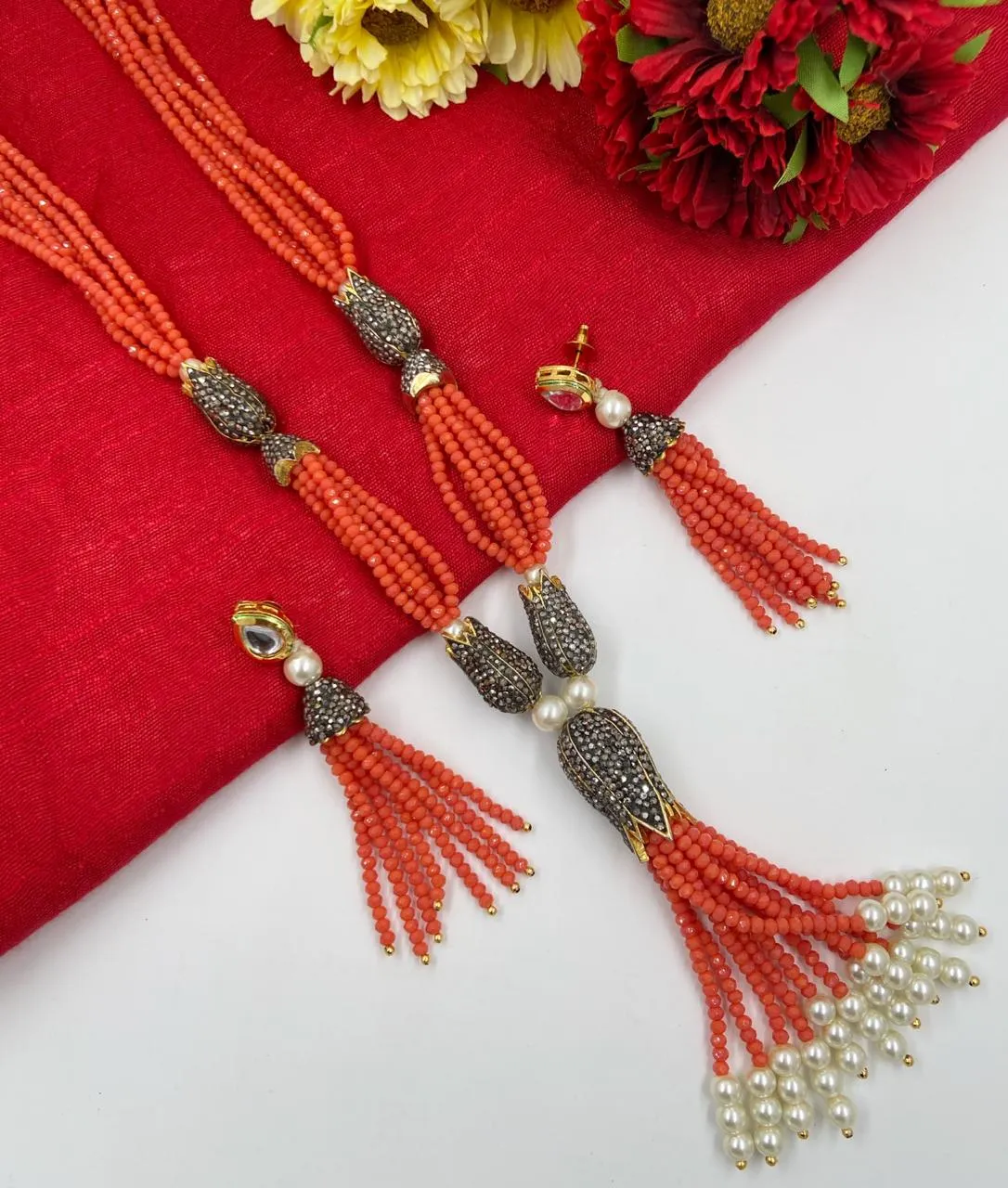 Designer Handmade Multilayered Orange Crystal Beaded Necklace Set