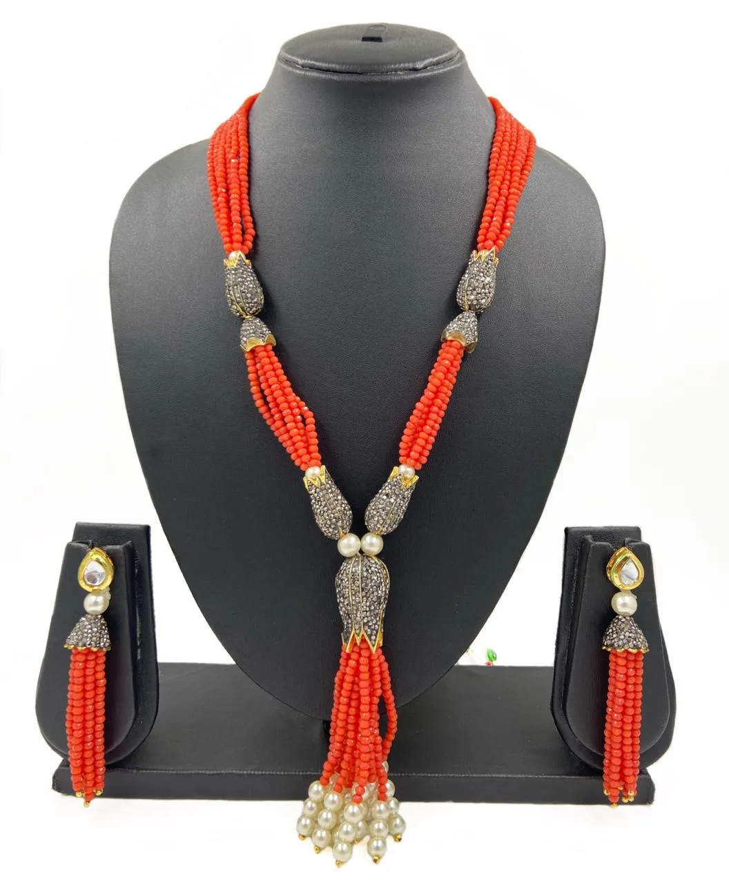 Designer Handmade Multilayered Orange Crystal Beaded Necklace Set