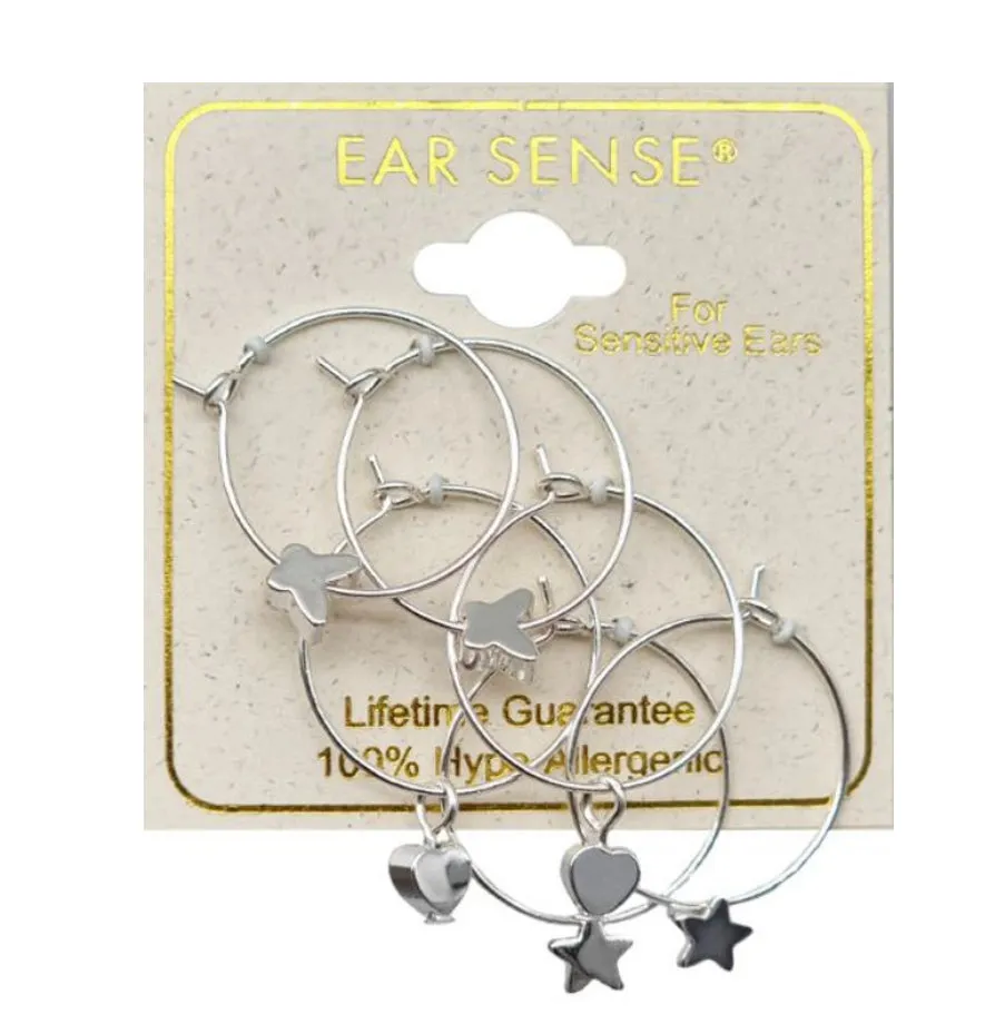 Ear Sense Earrings Silver Hoops w/Charms Trio FC304