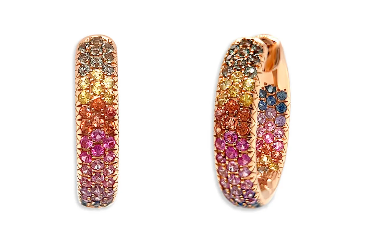 Earrings 18kt Gold & 3-Row Multicolor Sapphires Hoops