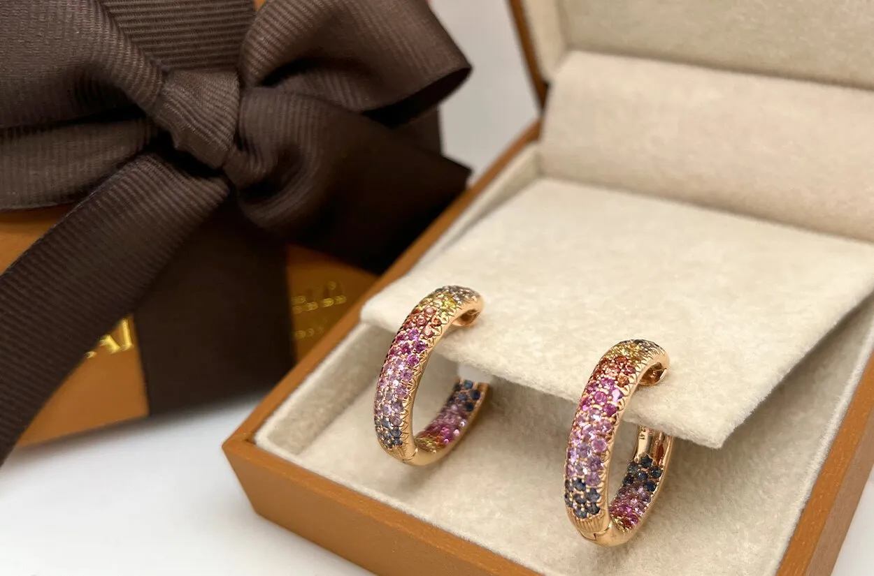 Earrings 18kt Gold & 3-Row Multicolor Sapphires Hoops