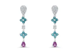 Earrings 18kt Gold Blue Topaz Flowers and Pink Sapphires Drops