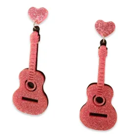 Earrings - Pink glitter guitar drops