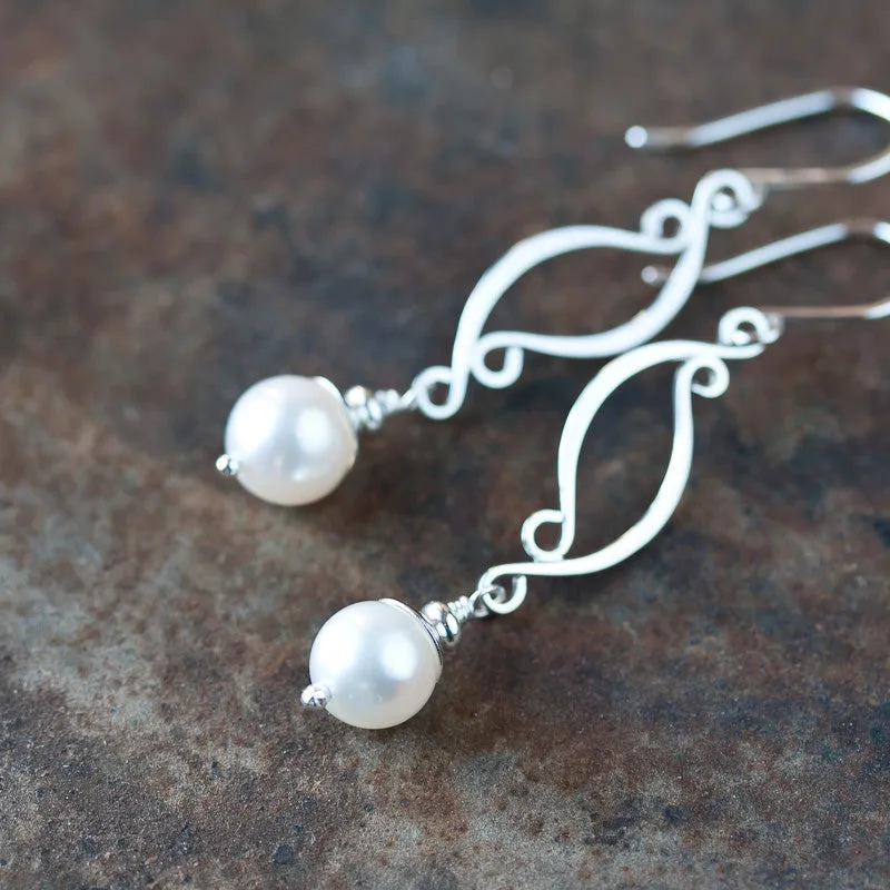 Elegant Long White Pearl Earrings, Artisan handcrafted sterling silver dangle