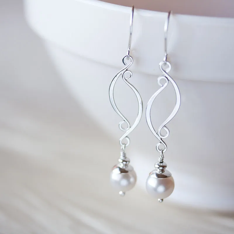 Elegant Long White Pearl Earrings, Artisan handcrafted sterling silver dangle