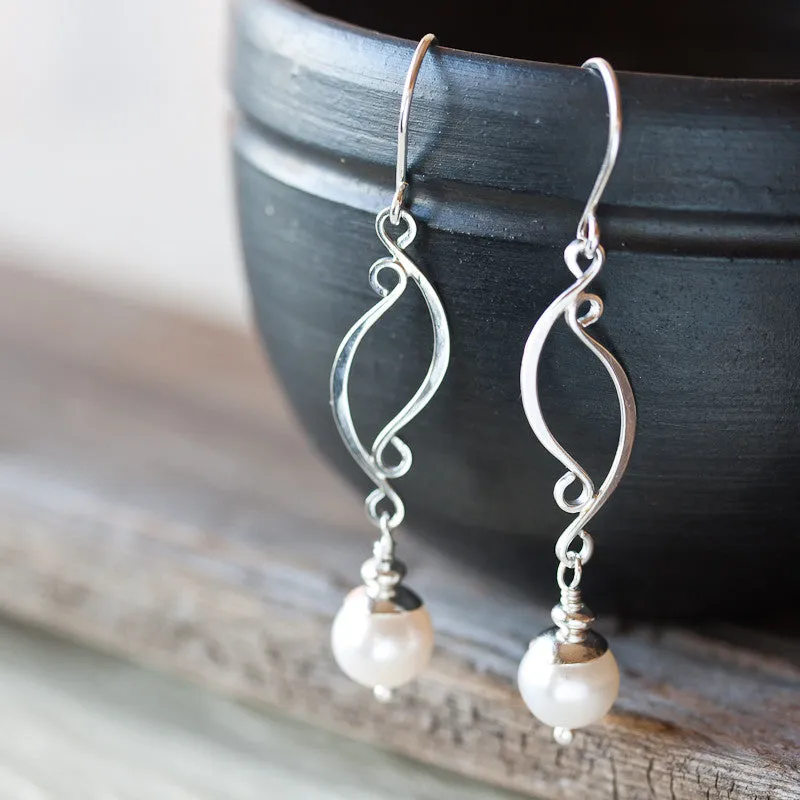 Elegant Long White Pearl Earrings, Artisan handcrafted sterling silver dangle