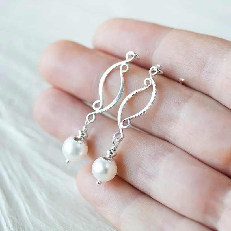 Elegant Long White Pearl Earrings, Artisan handcrafted sterling silver dangle