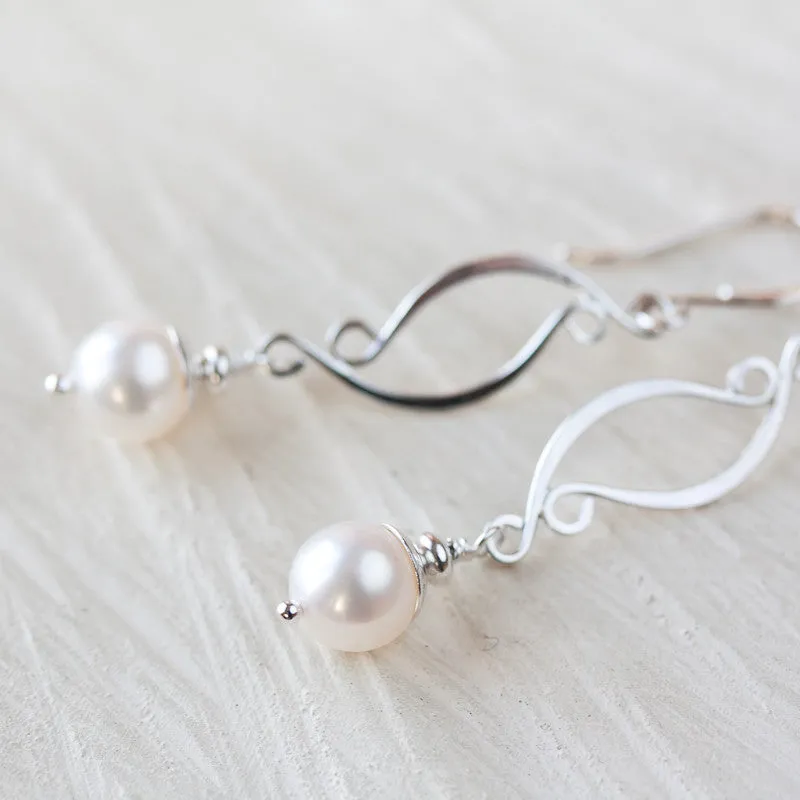 Elegant Long White Pearl Earrings, Artisan handcrafted sterling silver dangle