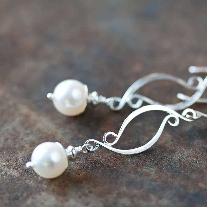 Elegant Long White Pearl Earrings, Artisan handcrafted sterling silver dangle