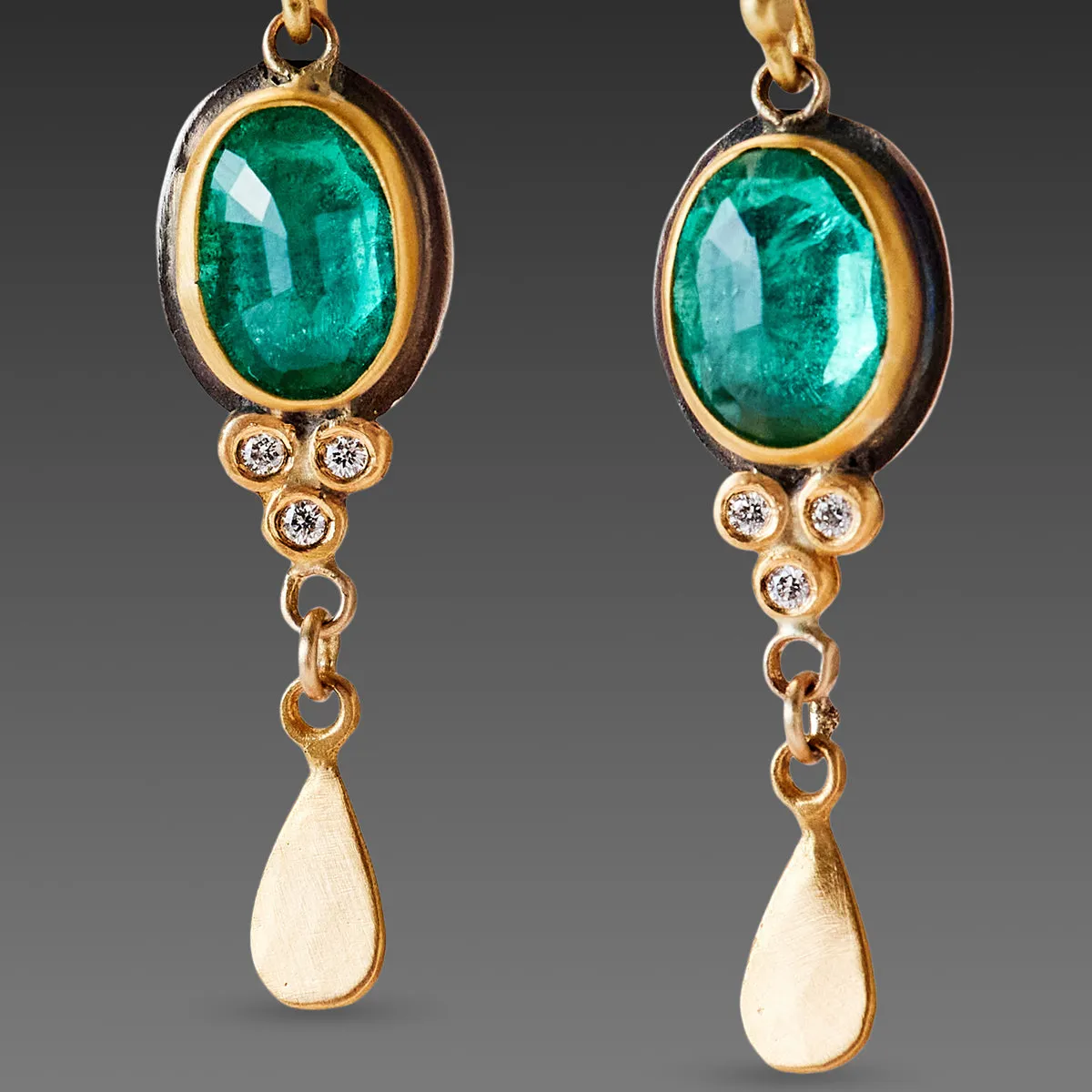 Emerald Earrings with Diamond Trios