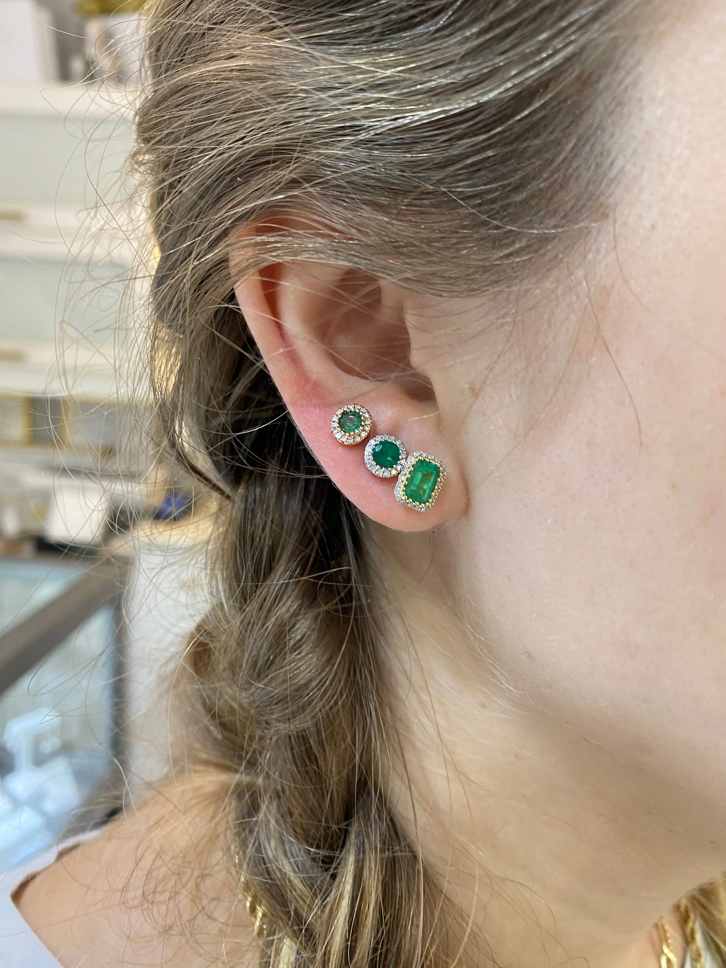 Emerald Stud Earrings with Diamond Halo