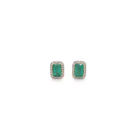 Emerald Stud Earrings with Diamond Halo