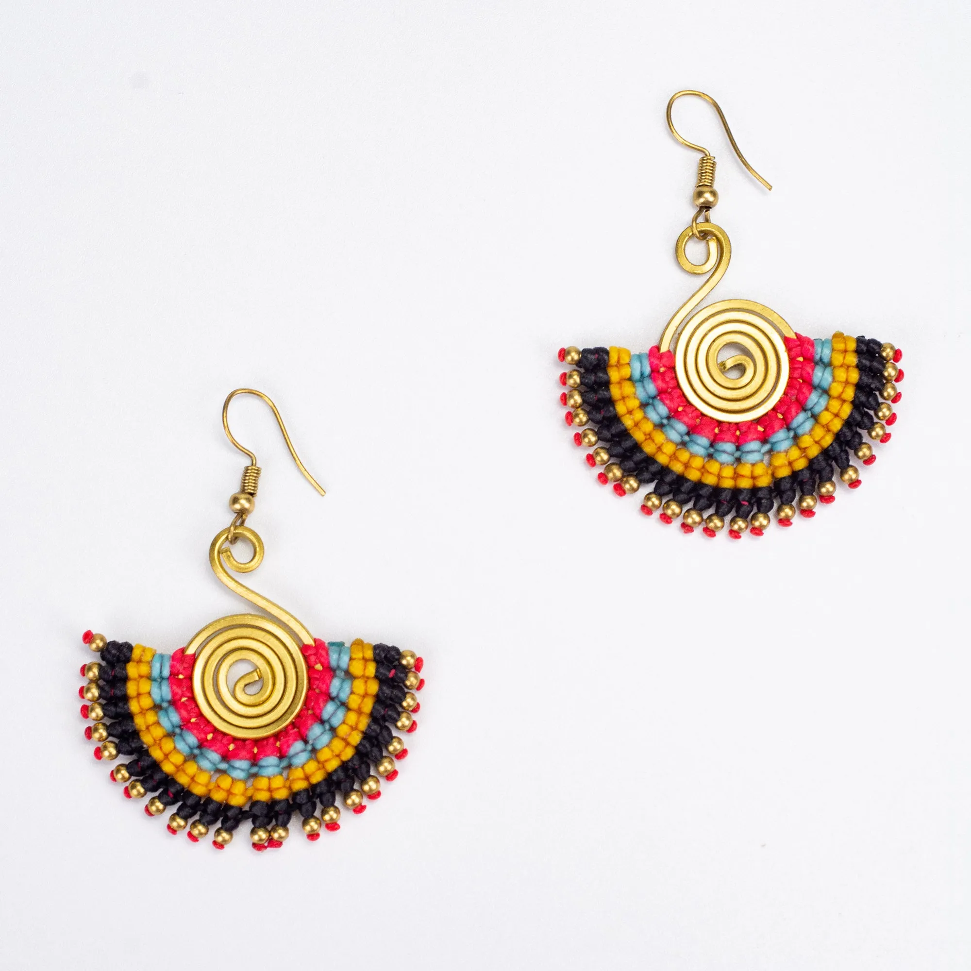 Fan Black Yellow Waxed String Spiral Brass Earrings