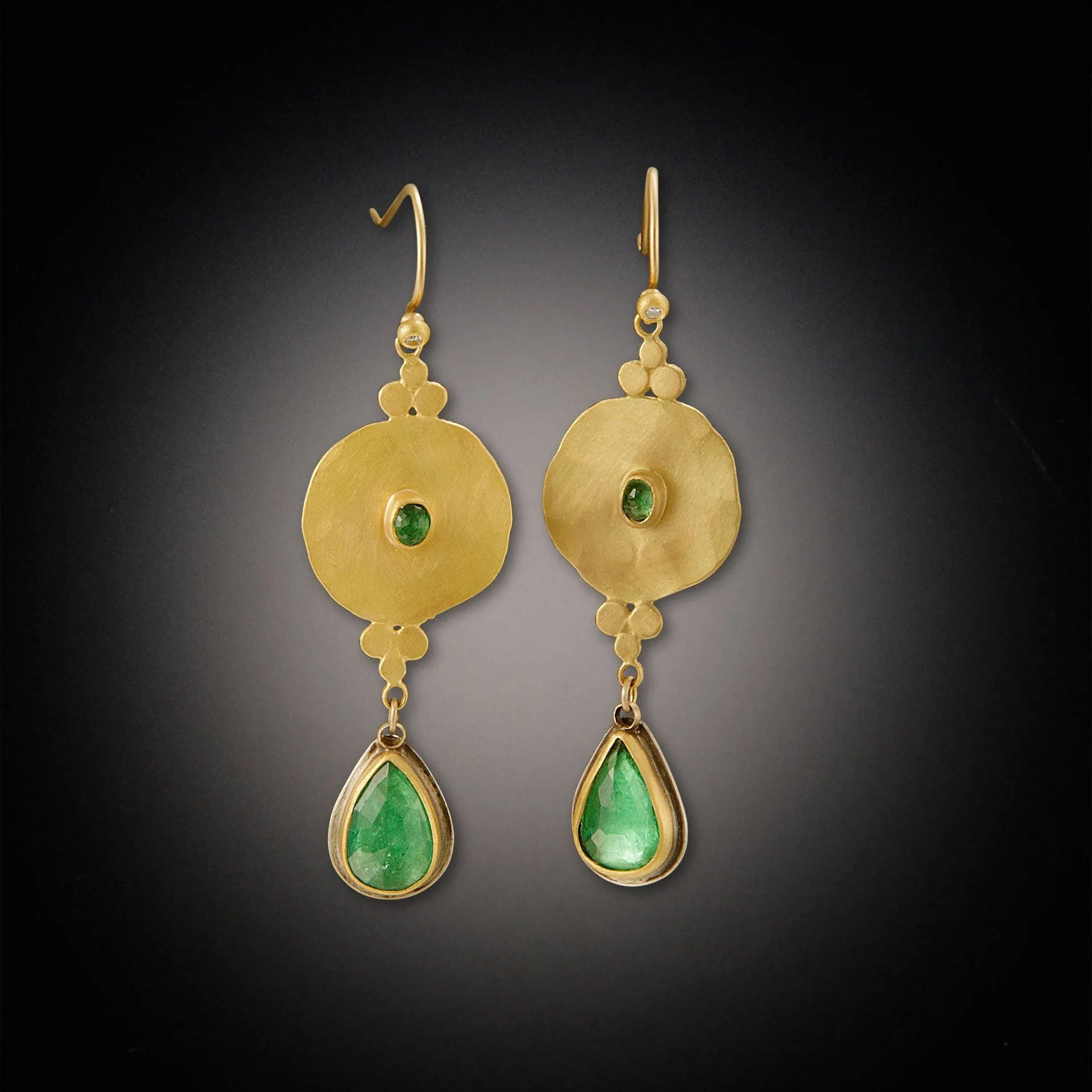 Filigree Disk Earrings with Rose Cut Emeralds