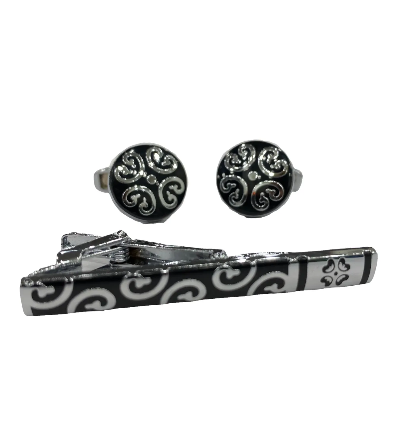 Fratello Cufflink and Tie Clip Combo - Black & Silver GeoPattern CLT01