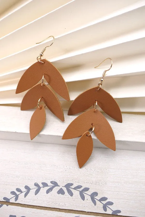 Genuine Leather Leaf Dangle Earrings- Brown