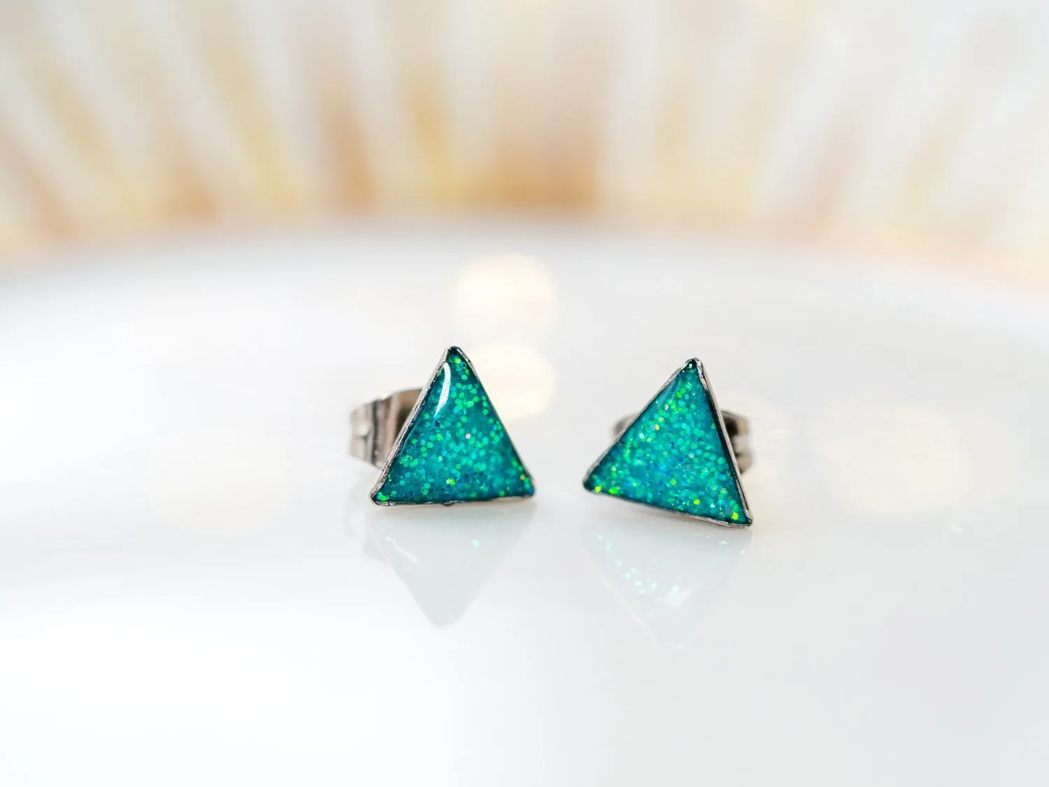 Glitter triangle stud earrings, Stainless steel