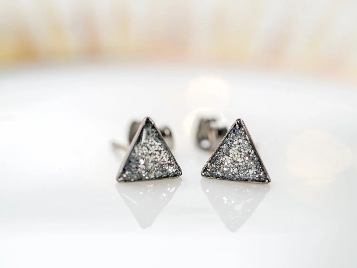 Glitter triangle stud earrings, Stainless steel