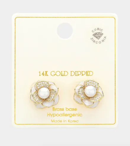 Gold Dipped CZ Stone Paved Peony Pearl Stud Earrings (2 Colors)