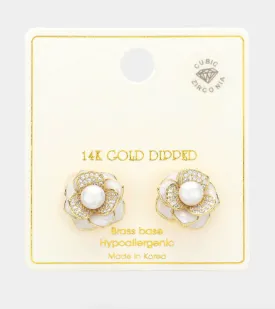 Gold Dipped CZ Stone Paved Peony Pearl Stud Earrings (2 Colors)