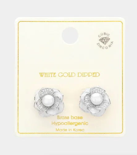 Gold Dipped CZ Stone Paved Peony Pearl Stud Earrings (2 Colors)